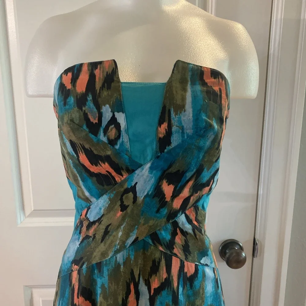 Anthropologie Girls From Savoy Teal‎ Painted Ikat Flared Strapless Dress Size 8